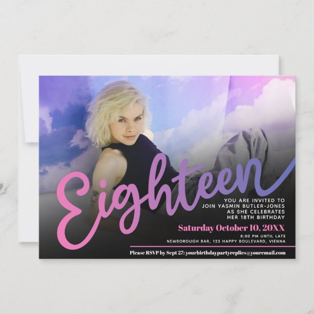 Invitation 18e anniversaire photo personnalisée rose violet n (Devant)