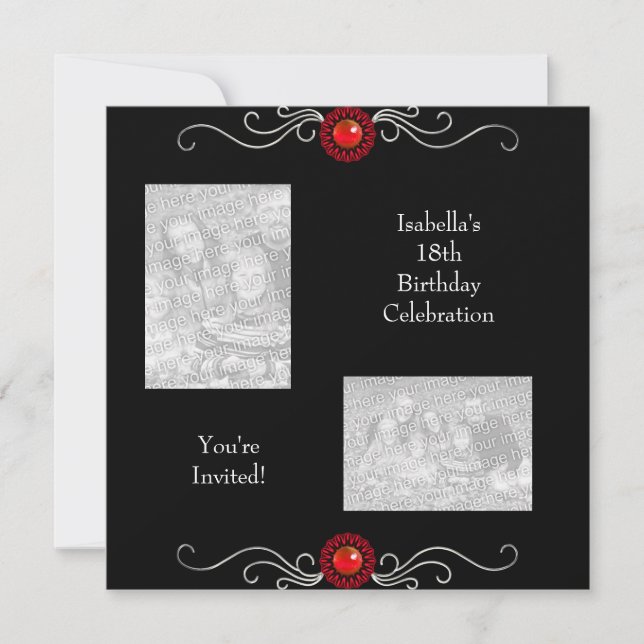 Invitation 18e anniversaire Photos Black Argent Red Jewel Tri (Devant)