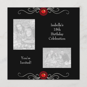 Invitation 18e anniversaire Photos Black Argent Red Jewel Tri