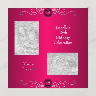 Invitation 18e anniversaire Photos Pink Silver Jewel Trim