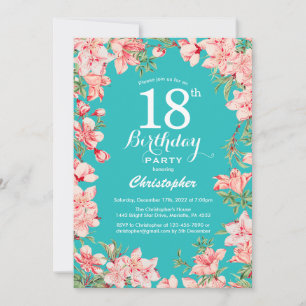 Invitation 18e anniversaire Pink Floral Flowers Turquoise Arr