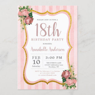 Invitation 18e anniversaire Pink Stripe Floral Gold Parties s