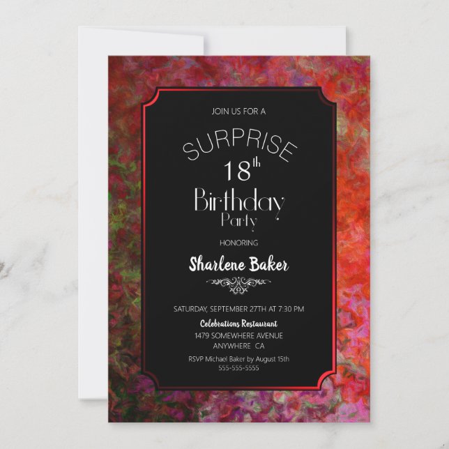 Invitation 18e anniversaire Red and Black Surprise Party (Devant)