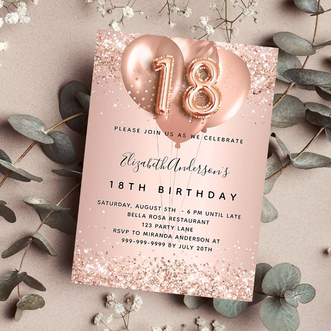 Invitation 18e anniversaire rose ballons blush ballons glamou (Créateur téléchargé)