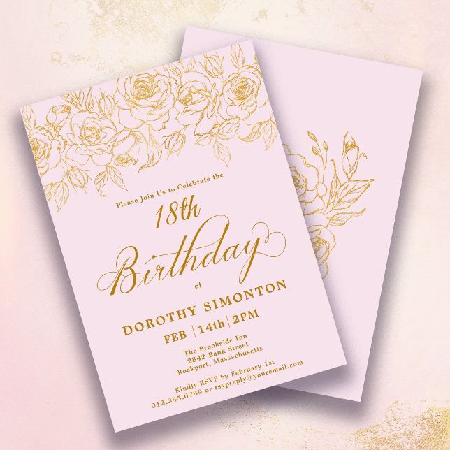 Invitation 18e anniversaire Rose d'or Floral Blush rose (Créateur téléchargé)