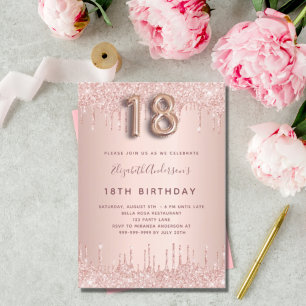 Invitation 18e anniversaire rose gouttes de parties scintilla