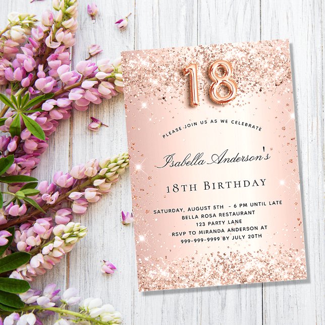 Invitation 18e anniversaire rose or rousse parties scintillan (Créateur téléchargé)