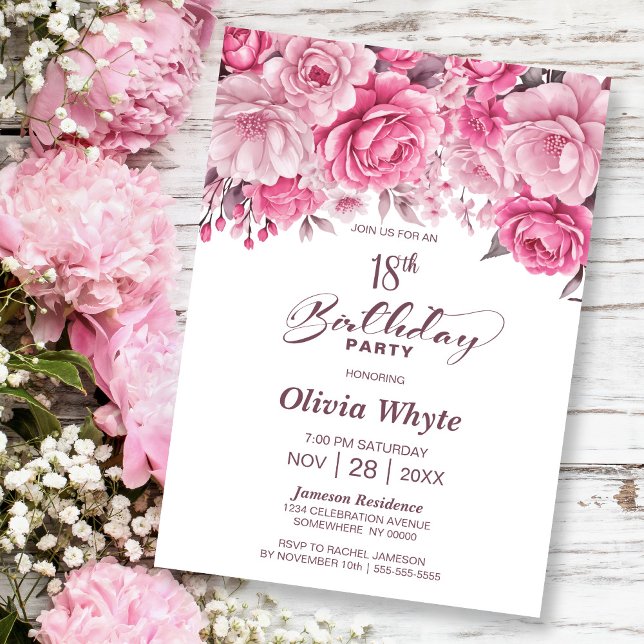 Invitation 18e anniversaire Rose Rose Floral Party (Créateur téléchargé)