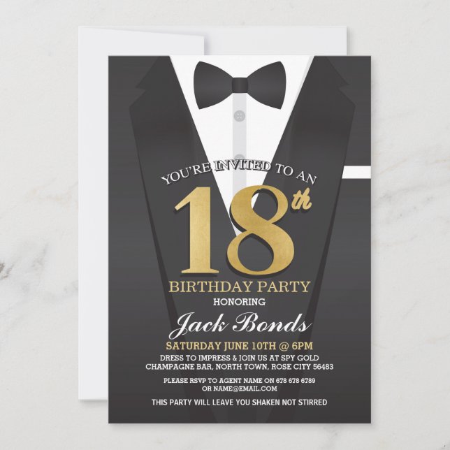 Invitation 18e anniversaire Spy Suit Black cravate Gold Invit (Devant)