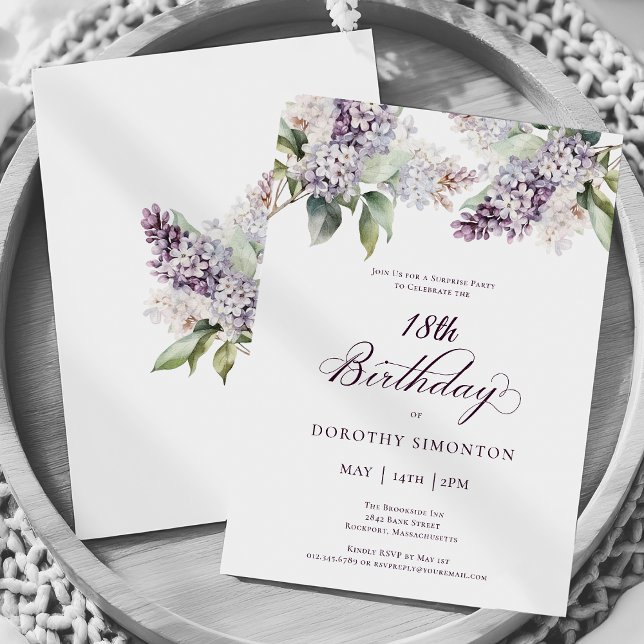 Invitation 18e anniversaire Surprise Party Purple Lilac Fleur (Créateur téléchargé)