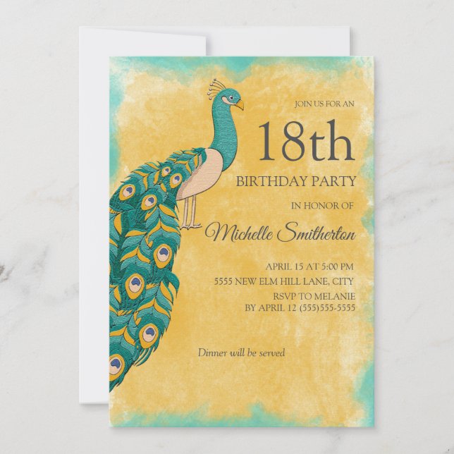 Invitation 18e anniversaire Turquoise Aquarelle jaune Peacock (Devant)