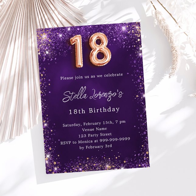 Invitation 18e anniversaire violet rose éclat or (Créateur téléchargé)