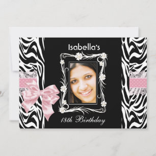 Invitation 18e Fête d'anniversaire adolescente Rose Noir Blan