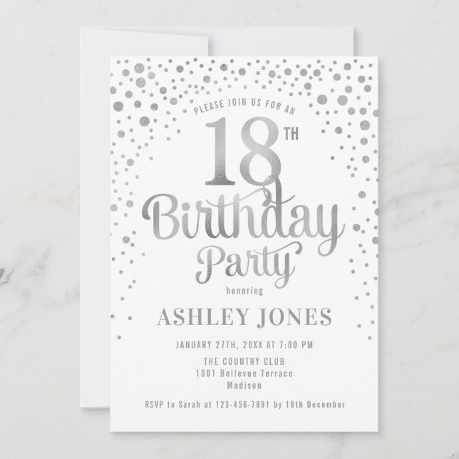 Invitation 18e fête d'anniversaire - Blanc & Argent (Devant)