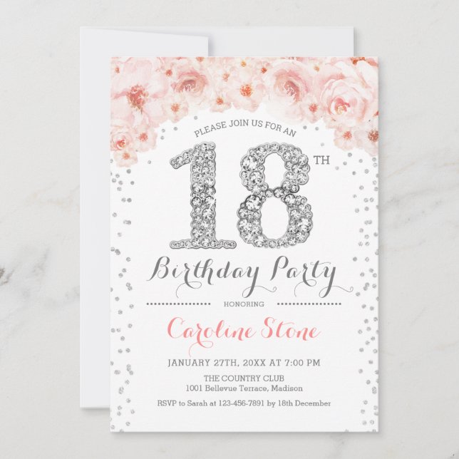 Invitation 18e fête d'anniversaire - Blanc Argent rose (Devant)