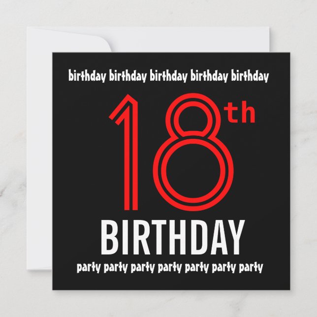 Invitation 18e fête d'anniversaire moderne rouge et noir (Devant)