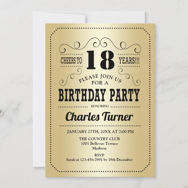 Invitation 18e fête d'anniversaire - Retro Gold Black (Devant)