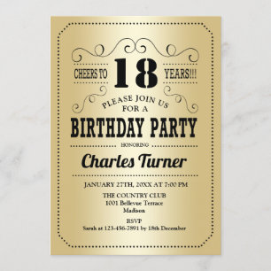 Invitation 18e fête d'anniversaire - Retro Gold Black