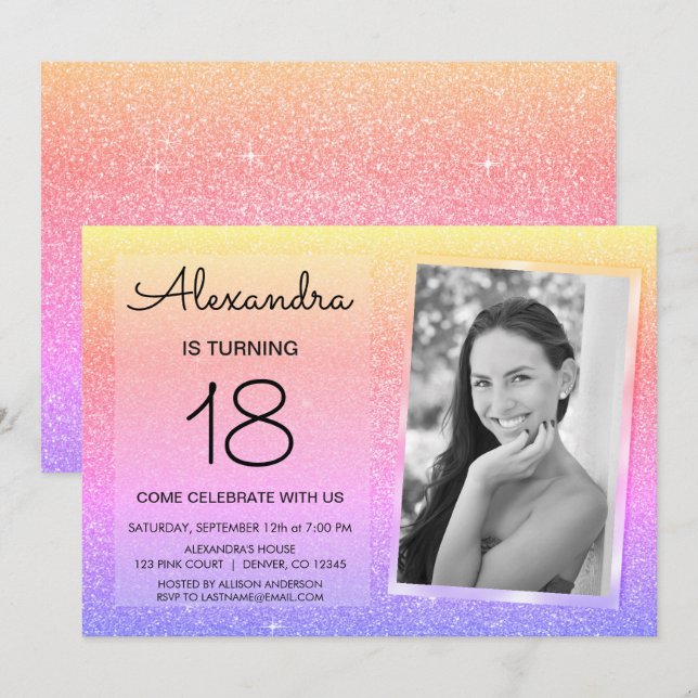 Invitation 18e Parties scintillant Sparkle Luxury Pink, Gold  (Devant / Derrière)