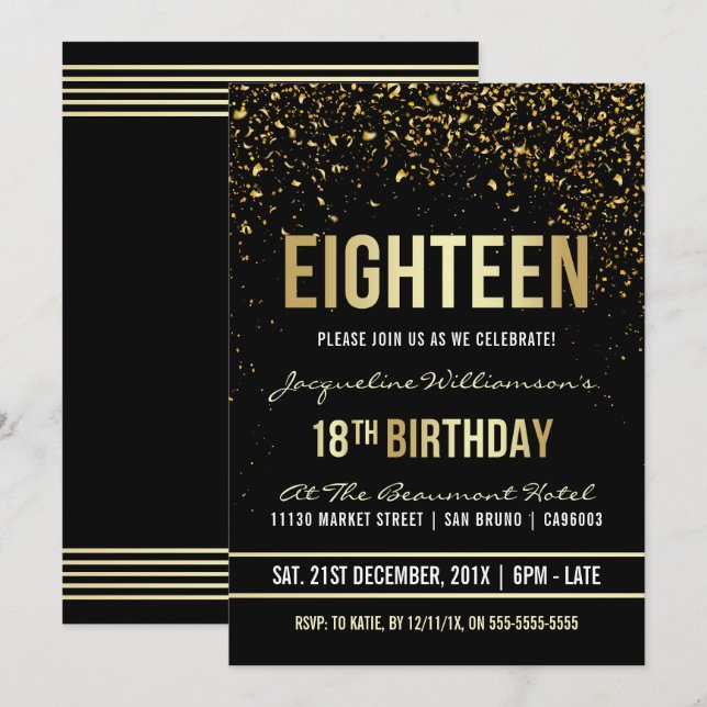 Invitation 18ème Confettis miroitants d'or de la fête (Devant / Derrière)