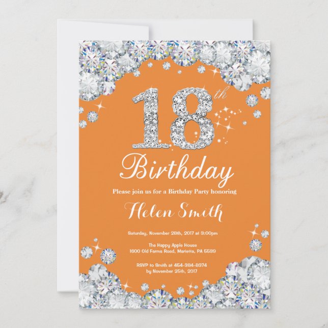 Invitation 18ème Diamant orange et argenté d'anniversaire (Devant)