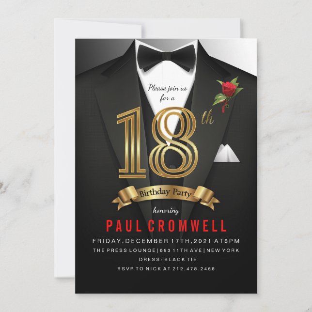 Invitation 18h Anniversaire Tuxedo Cravate noire (Devant)