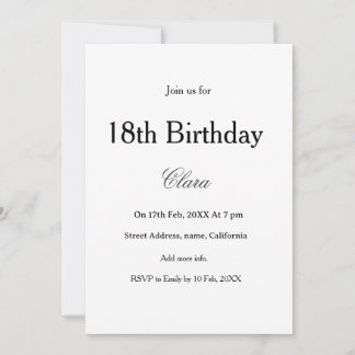 Invitation 18th birthday simple name minimal black white