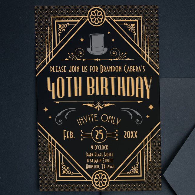 Invitation 1920 Art Déco Black & Gold 40e anniversaire (40th birthday speakeasy 1920s gold invite casino Art Deco cool classy unique invitation for him)