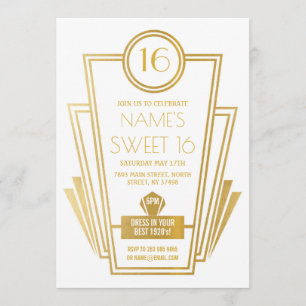 Invitation 1920 Sweet 16 Birthday Party Art Déco Gatsby Gold
