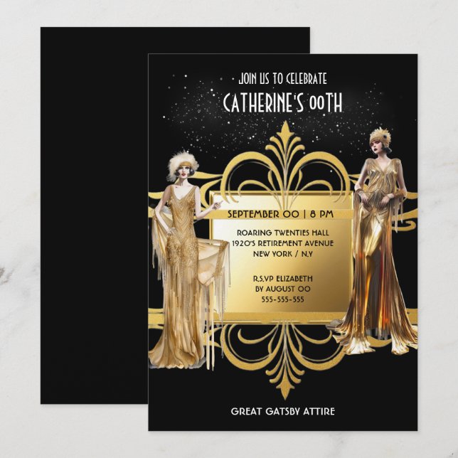 Invitation 1920's Great Gatsby Flapper filles anniversaire él (Devant / Derrière)