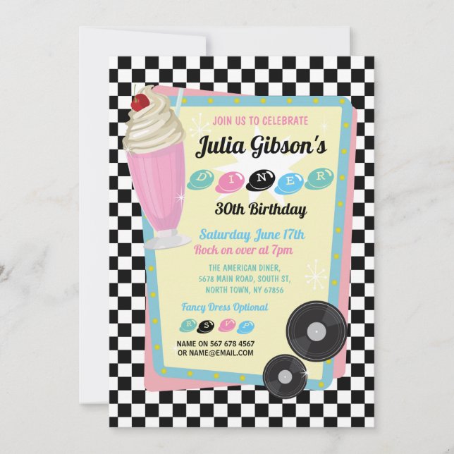 Invitation 1950 Diner Anniversaire Rétro Cinquante ans Invita (Devant)