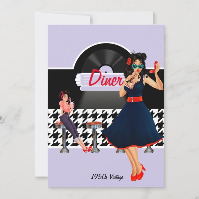 Invitation 1950 Diner lavender noir & blanc à damiers (Devant)