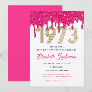Invitation 1973 Parties scintillant rose goutte 50e anniversa
