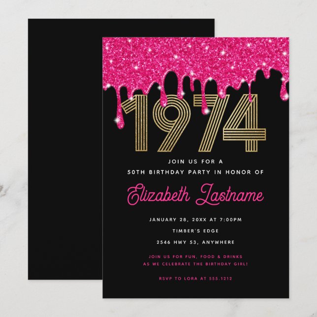 Invitation 1974 Parties scintillant rose goutte 50e anniversa (Devant / Derrière)