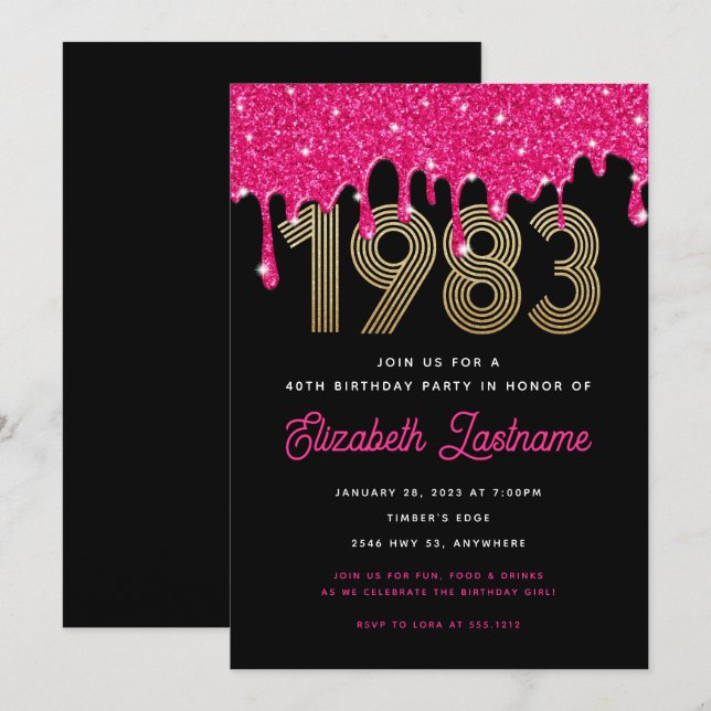 Invitation 1983 Parties scintillant rose goutte 40e anniversa (Devant / Derrière)