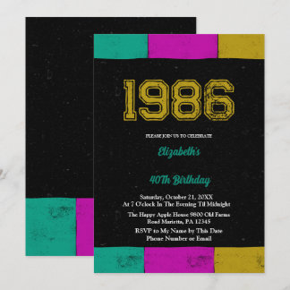 Invitation 1986 Retro Vintage Color Block 40th Birthday