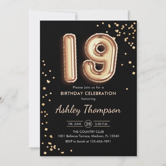 Invitation 19e anniversaire - Ballons d'or noir (Devant)