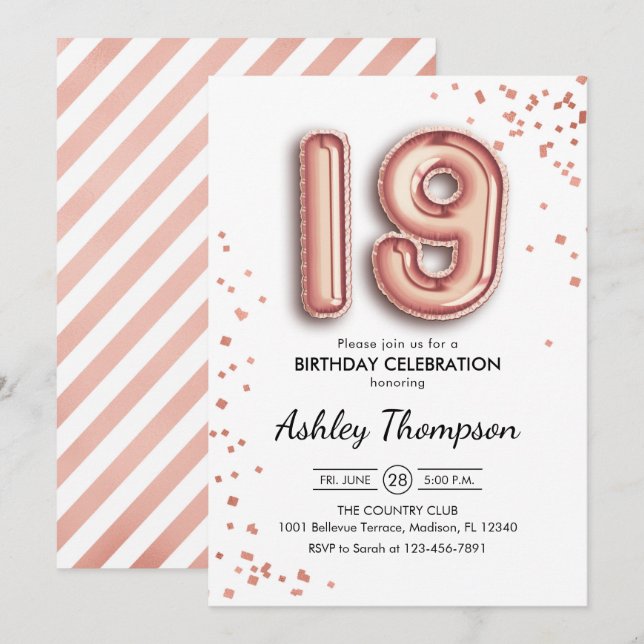 Invitation 19e anniversaire - Ballons d'or Rose (Devant / Derrière)