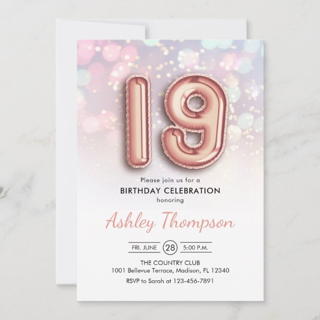 Invitation 19e anniversaire - Ballons d'or Rose Lumières rose (Devant)