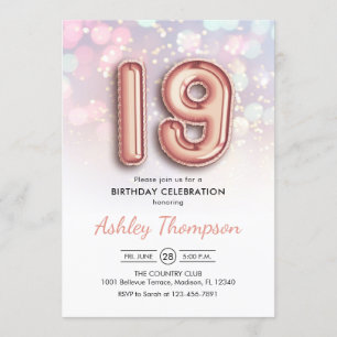 Invitation 19e anniversaire - Ballons d'or Rose Lumières rose