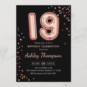 Invitation 19e anniversaire - Ballons d'or Rose Noir