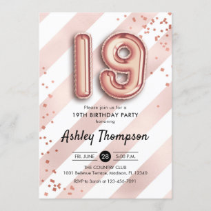 Invitation 19e anniversaire - Ballons Roses en or
