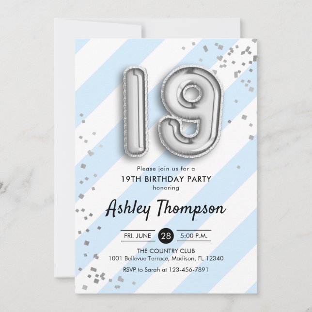 Invitation 19e anniversaire - Bleus et Ballons d'argent (Devant)