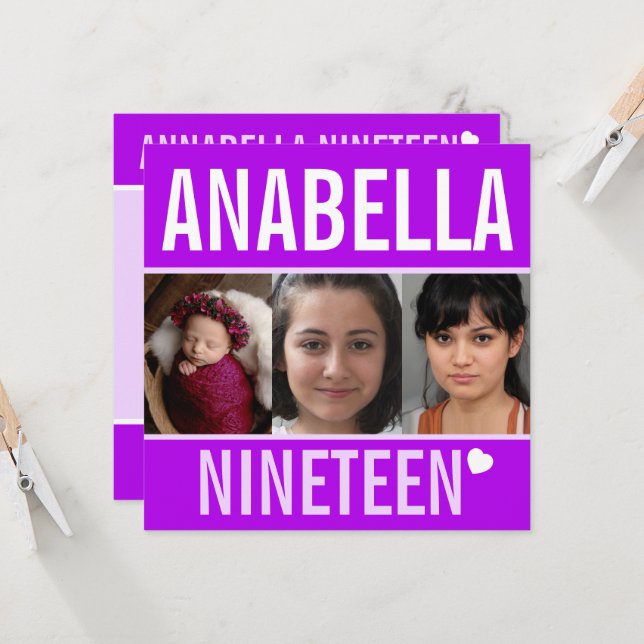 Invitation 19e anniversaire fête fête célébration photo viole (Devant/Arrière en situation)