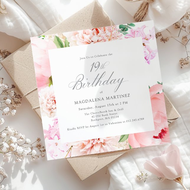 Invitation 19e anniversaire fête Pink Peony Floral Carré (Créateur téléchargé)
