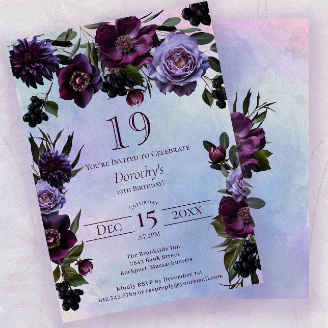 Invitation 19e anniversaire Moody Purple Gothic Flower (Créateur téléchargé)
