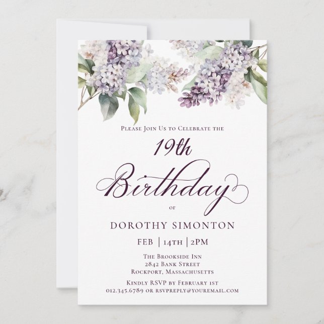 Invitation 19e anniversaire Purple Spring Fleur Lilac (Devant)