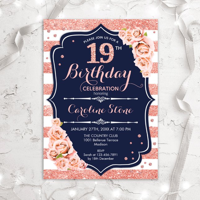 Invitation 19e anniversaire - Rose de la marine Gold et White (Créateur téléchargé)