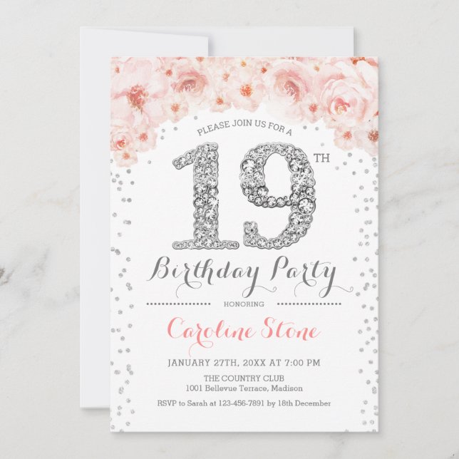 Invitation 19e fête d'anniversaire - Blanc Argent rose (Devant)