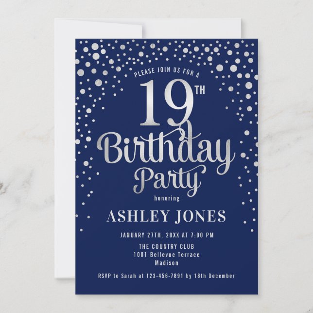 Invitation 19e fête d'anniversaire - Marine & Silver (Devant)